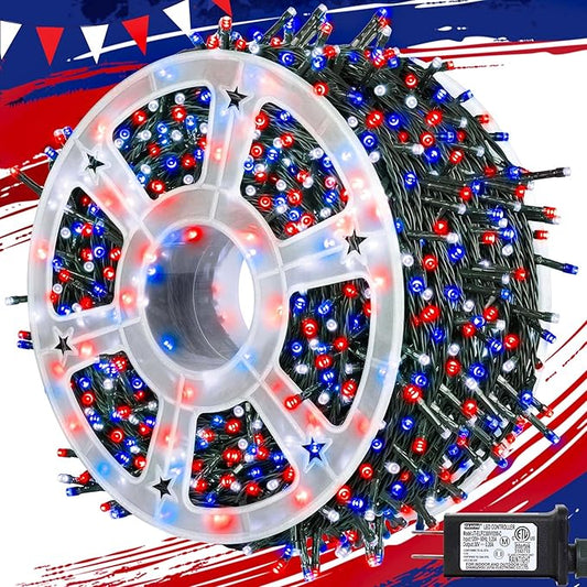4th of July Patriotic Decoration, 500 LED Red White and Blue Lights with 8 Modes, Outdoor Waterproof String Lights for Fourth of July, Memorial Day, Independence Day Decor