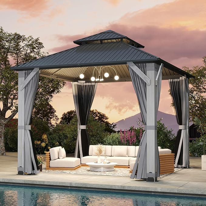 10'x10' Hardtop Wood Gazebo, Outdoor Double Roof Galvanized Steel Top Gazebo with Wooden Post, Curtains & Netting for Backyard, Patio, Deck (10x10 FT)
