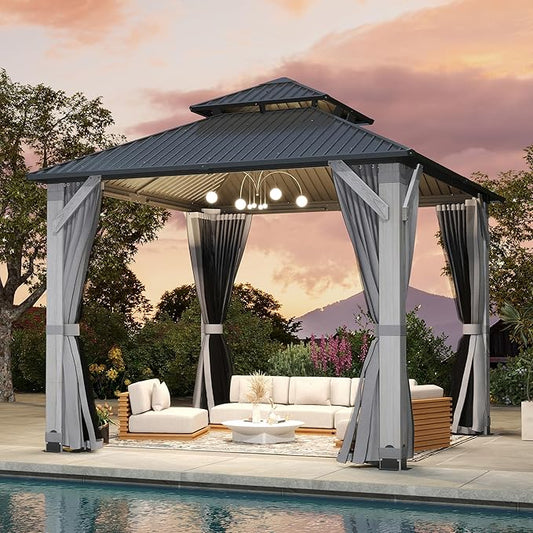10'x10' Hardtop Wood Gazebo, Outdoor Double Roof Galvanized Steel Top Gazebo with Wooden Post, Curtains & Netting for Backyard, Patio, Deck (10x10 FT)