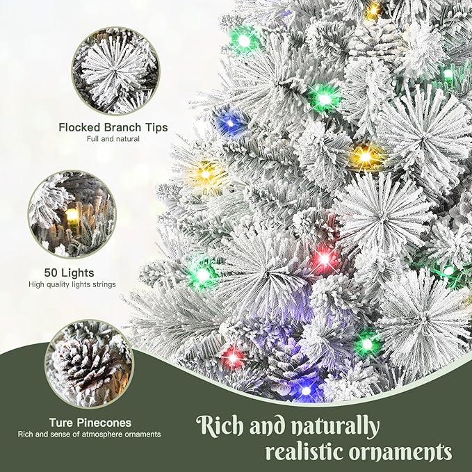 Set of 1 30 Inch Lighted Flocked Outdoor Christmas Tree with Multi-Color Lights, Timer, Battery Operated Pre-lit Scotch Pine Pathway Urn Filler with Pine Cones for Pathway & Porch& Yard Decorations