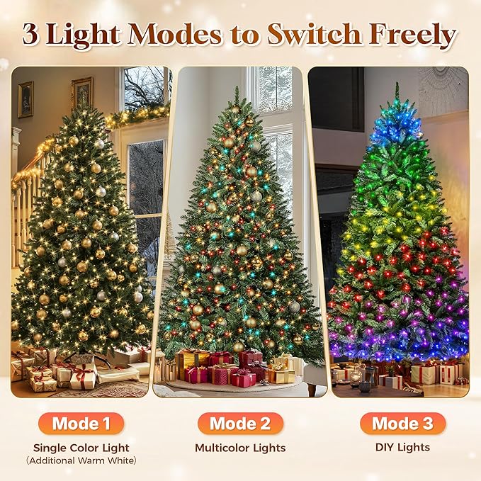 HOLLO STAR 7.5 ft Prelit Christmas Tree with 396 LED Lights, App Control, Artificial Christmas Tree with Multi-Color RGBW Lights, 1542 Branch Tips, Metal Base, Easy to Assemble, for Home, Party