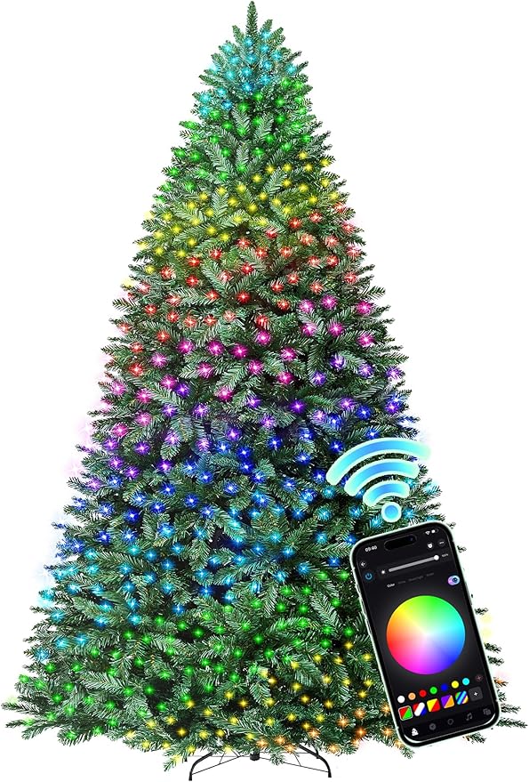 HOLLO STAR 9 ft Prelit Christmas Tree with 589 LED Lights, App Control, Artificial Christmas Tree with Multi-Color RGBW Lights, 2117 Branch Tips, Metal Base, Easy to Assemble, for Home, Party