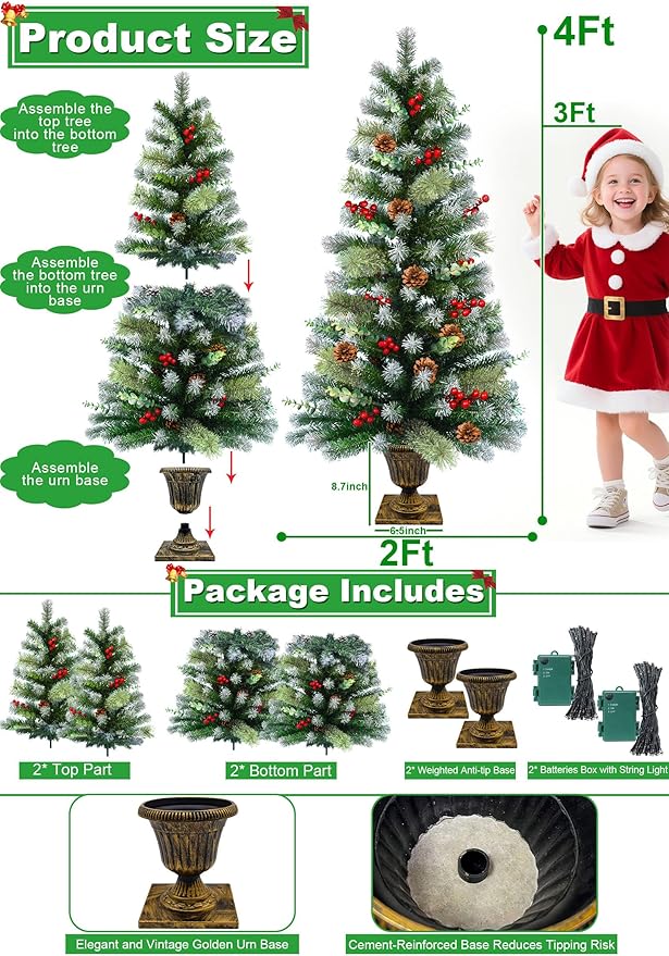2 Set 4Ft Snowy Outdoor Christmas Entrance Tree with Timer 60 Warm Lights Battery Operated,120 Branches Tips,14 Eucalyptus,13 Smoky Pine Bristle Leaves,10 Pine Cones,9 Red Berries for Porch Front Door