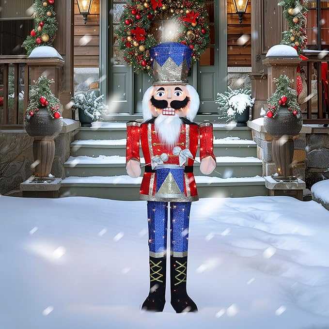 5FT Lighted Nutcracker with Drum for Christmas Decoration, Pre-Lit 3D Iridescent Soldier Xmas Decor with 100 Warm White Lights, Glittered Standing Holiday Display for Outdoor, Indoor