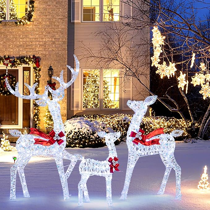 Tangkula 3-Piece Christmas Lighted Iridescent Reindeer Family Set, Pre-lit Xmas Deer Family with 215 Cold White LED Lights, Ground Stakes, Lighted Holiday Decoration for Indoor, Outdoor