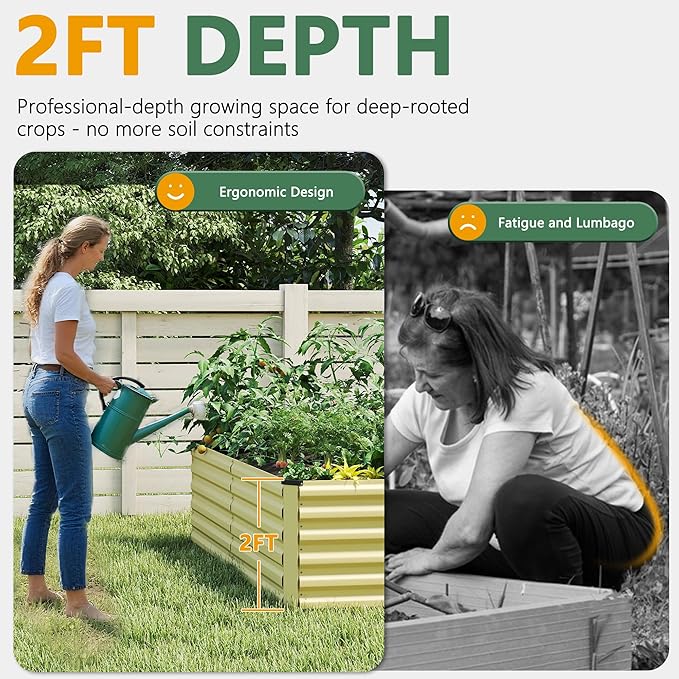 FOOWIN 2pcs 8x4x2ft Galvanized Raised Garden Bed, Planter Raised Garden Boxes Outdoor, Large Metal Raised Beds for Gardening, Garden Bed for Vegetables, Flowers, Herb,478 Gallon Capacity, Cream Yellow