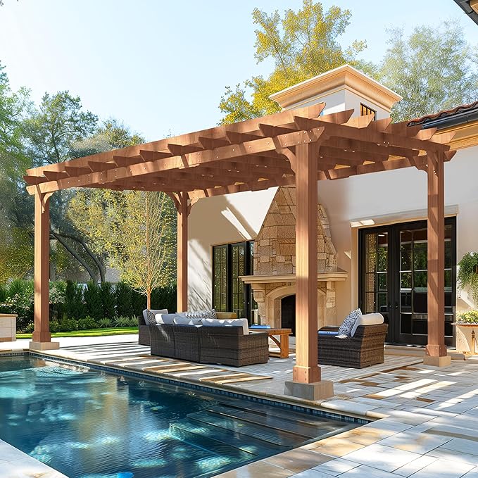 BlueWish 12’x16’ Patio Pergola, Cedar Wood Pergola with Unparalleled Slatted Roof Trellis, Outdoor Pergolas Backyard Gazebo with Solid Structure for Deck Grill Party Garden