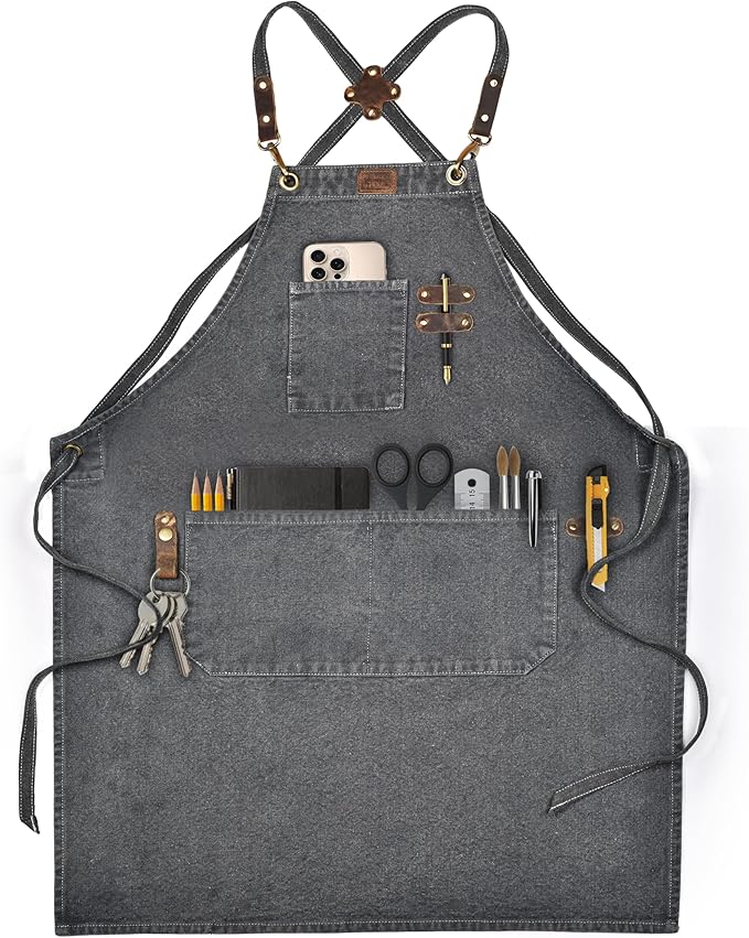 LEATHER VILLAGE Chef Aprons for Men Women with Large Pockets, Cotton Canvas Cross Back Adjustable Work Apron, Size M to XXL