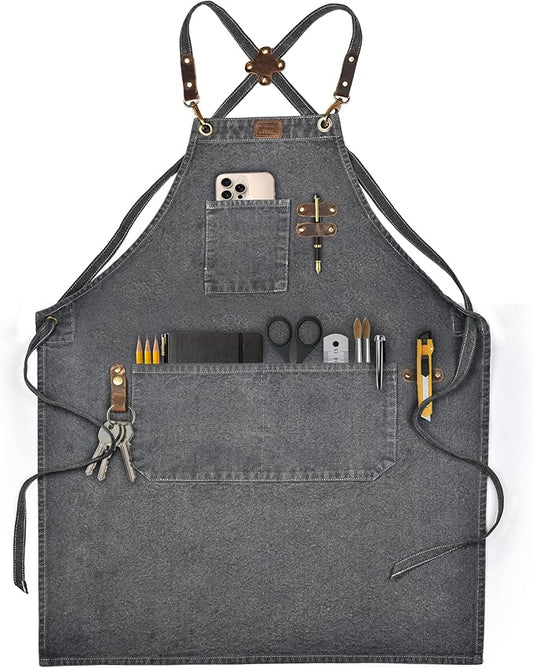 LEATHER VILLAGE Chef Aprons for Men Women with Large Pockets, Cotton Canvas Cross Back Adjustable Work Apron, Size M to XXL