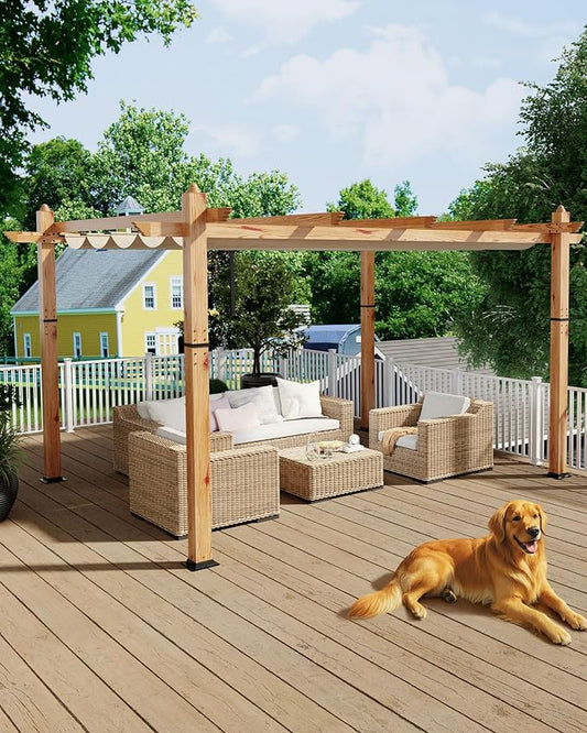 Garvee 10x13 Ft Outdoor Pergola with Retractable Canopy Upgraded Aluminum Faux Wood Grain Patio Pergola for Modern Backyard Deck Porch Grape Trellis(Khaki)