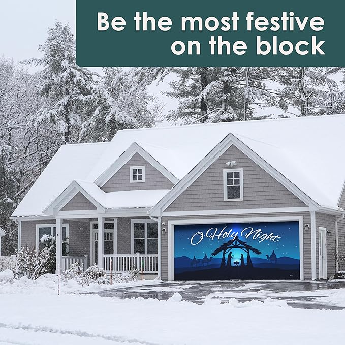 7' x 16' Peaceful O Holy Night Nativity Garage Door Banner - Designed to Move with Door | Sacred Christmas Double Garage Door Decoration