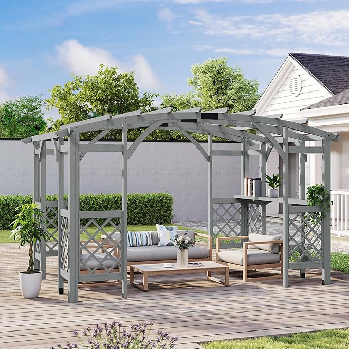 10' x 14' Wood Pergola Outdoor, Patio Pergola Solid Structure with Shelves, Painted Wood Frame with Arched Top for Garden Porch Deck,Grey
