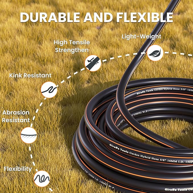 Giraffe Tools Garden Hose 25ft x 5/8", Water Hose Heavy Duty, Flexible, Lightweight Hybrid Hose with Swivel Handle, Male to Female Fittings, Burst 600 PSI