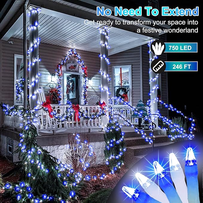 750 LED Christmas Lights Outdoor Use, 246ft 8 Lighting Modes Fairy Lights for Outside, Christmas Tree Lights IP44 Waterproof for Xmas Patio Yard Fence Deck Balcony Garden Decor Blue & Cool White