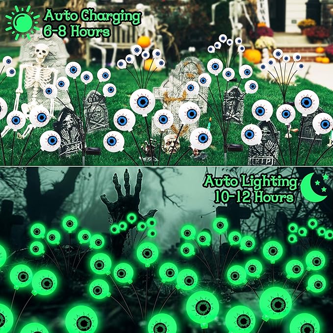 Kohlrabi Halloween Decorations Outdoor, 6 Pack 36 LED Solar Scary Eyeball Swaying Lights, Green Solar Firefly Light Waterproof Outdoor Garden Lights for Halloween Yard Garden Lawn Party Flower Bed