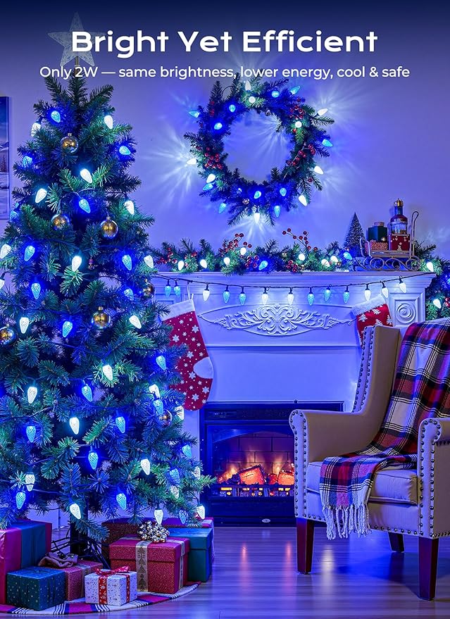 C9 Christmas Outdoor Lights, 72 FT 110 LED C9 String Lights, 8 Modes & Timer Extendable Waterproof for Christmas Tree Indoor Outdoor Roofline Patio Outside Garden Backyard Xmas Decor, Blue White