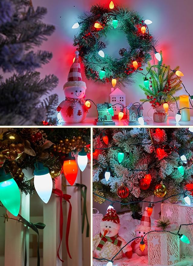 C9 Christmas Lights Outdoor Waterproof, 81 Feet 100 LED C9 String Lights with Timer & 8 Light Mode, Connectable Christmas Tree Lights for Indoor Outside Roofline Decoration, Red, Green & Pure White
