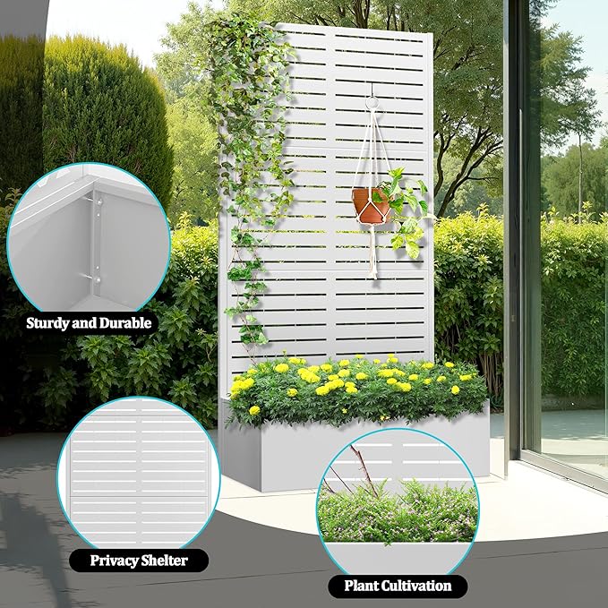 Metal Planter Box with Trellis, Planter Box with Privacy Screen, Privacy Trellis Outdoor for Climbing Plants with Drainage Holes, Raised Garden Bed for Vegetables