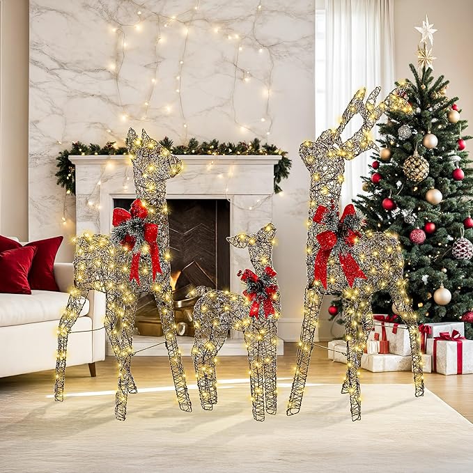 3-Piece Large Pre-Lit Christmas Deer Family Set Outdoor Yard Decorations, 55" Tall Frosted Rattan Deer Lighted Holiday Displays with 350 Warm LEDs, Stakes & Zip Ties for Front Door Garden Lawn