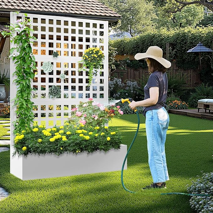 Metal Raised Garden Bed with Trellis, 2 in 1 Trellis with Planter Box & Privacy Screen for Climbing Plants, Vine, Outdoor Standing Flower Beds with Drainage Holes, 47.2"L x 16.7"W x 70.8"H, White