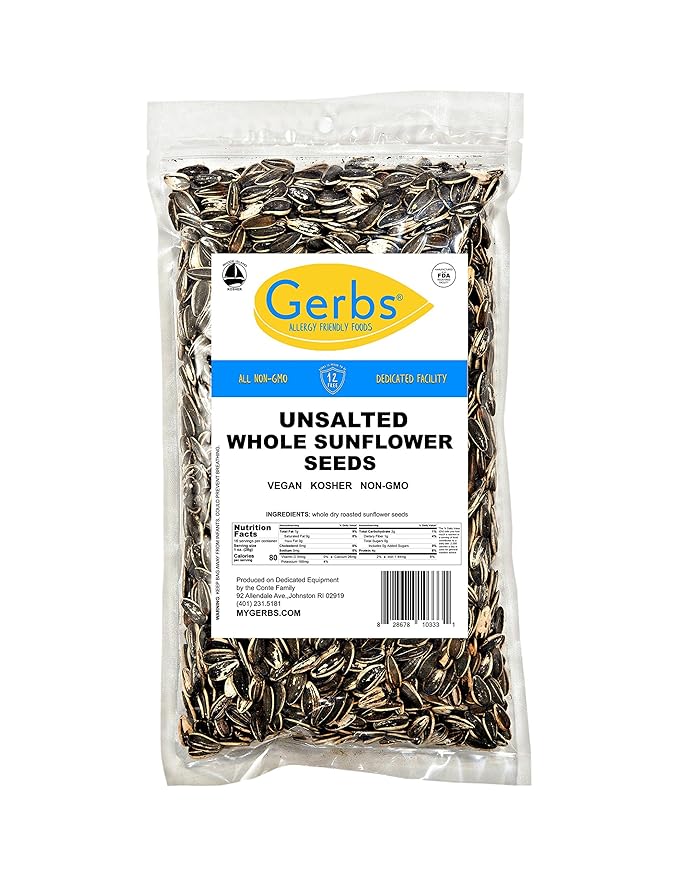 Gerbs Roasted Unsalted Whole Sunflower Seeds 1 lb. | Small Batch, No Additives, Resealable Bag | Crack-and-Eat Crunchy Snack | Top 14 Allergen-Free