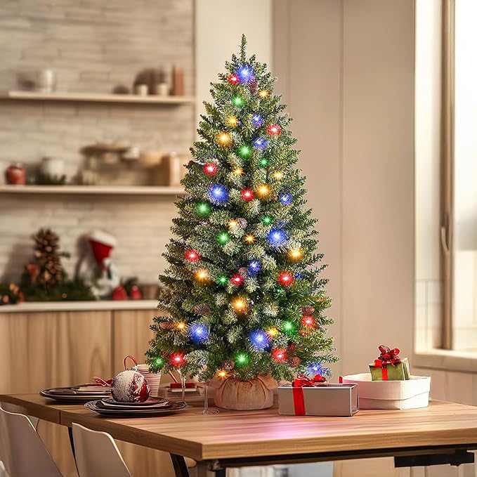 3FT Mini Christmas Tree,Tabletop Christmas Tree with Cloth Bag Base and Colorful LED Light, Christmas Decorative Artificial Tree