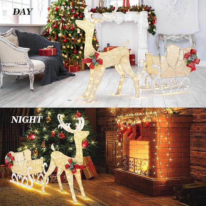 Vongrasig 4FT Lighted Christmas Reindeer & Sleigh Outdoor Yard Decoration Set W/ 205 LED Lights & 8 Ground Stakes, Zip Ties, Artificial Xmas Lighted Holiday Decor for Indoor and Outdoor(Gold)