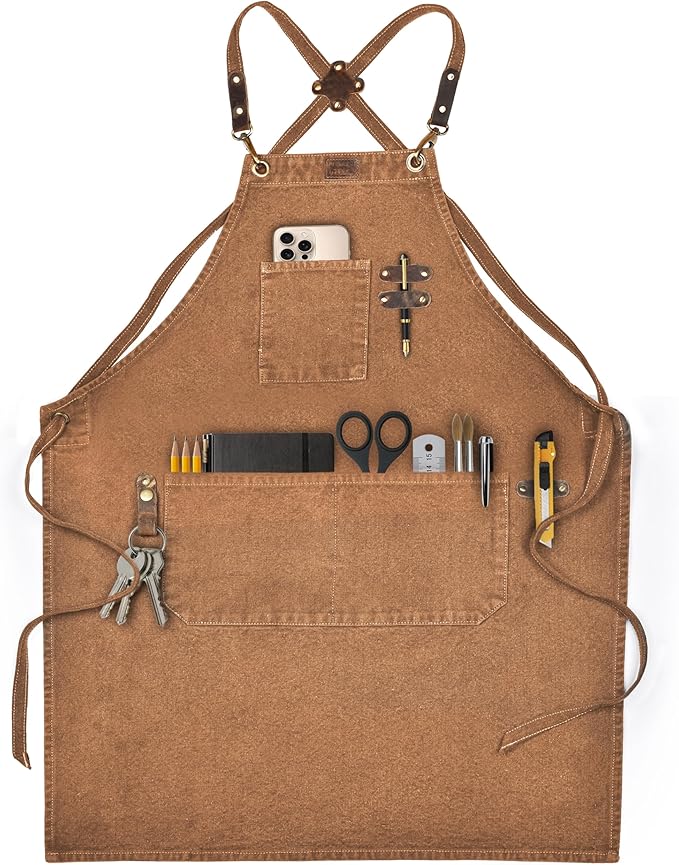 LEATHER VILLAGE Chef Aprons for Men Women with Large Pockets, Cotton Canvas Cross Back Adjustable Work Apron, Size M to XXL