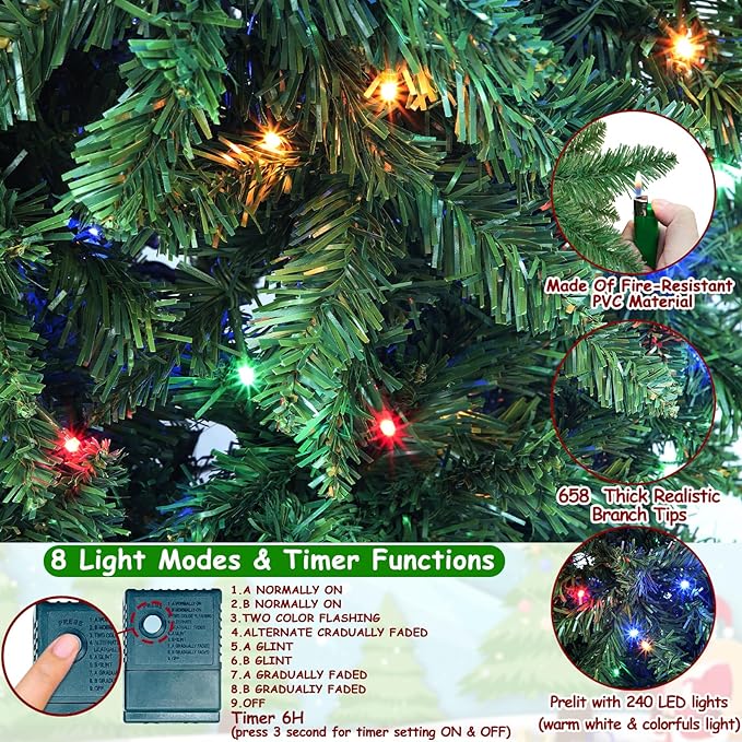 Dual Color Change&Timer 6Ft Prelit Artificial Slim Christmas Tree, 240 Warm White&Colored Lights, 658 Thick Branch Tips, 8 Mode, Fire-Resistant, Metal Stand, UL Plug, Hinged Christmas Xmas Tree Decor
