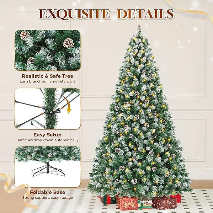 HOLLO STAR 9 ft Prelit Christmas Tree with 549 LED Lights, App Control, Artificial Christmas Tree, Multi-Color RGBW Lights, 2400 Flocked Frosted Tips, 115 Pine Cones, Metal Base, for Home, Party