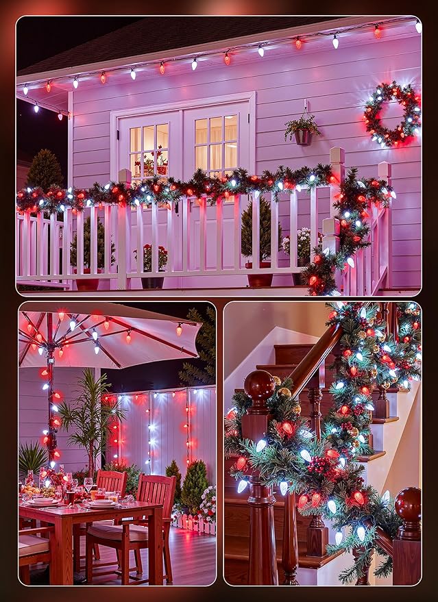 C9 Outdoor Christmas Lights, 72 FT 110 LED C9 String Lights, 8 Modes & Timer Extendable Waterproof for Christmas Tree Indoor Outdoor Roofline Patio Outside Garden Yard Holiday Xmas Decor, Red White