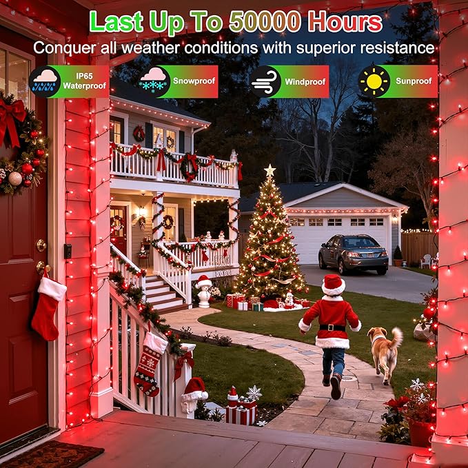 350LED 90FT Christmas Lights Indoor Outdoor, 12 Modes Red Outdoor String Lights with Timer Dimmable, Waterproof Green Wire Christmas String Lights for Tree Xmas Patio Fence Balcony Garden Party Decor