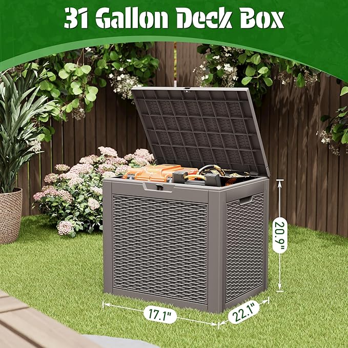 KAMABOKO 31 Gallon Resin Deck Box 2 Pack Outdoor & Indoor Waterproof Storage Box for Garden Tools, Package Delivery, Pool Supplies, Patio Cushions, Grey(Set of 2)