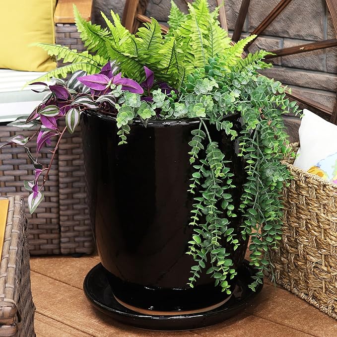 Sunnydaze 12-Inch Ceramic Plant Saucers - Plant Drip Trays for Outdoor Planter Flower Pot Drainage - Set of 2 - Obsidian