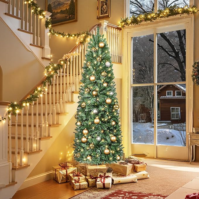 HOLLO STAR 6 ft Prelit Christmas Tree with 247 LED Lights, App Control, Artificial Pencil Christmas Tree with Multi-Color RGBW Lights, 715 Branch Tips, Skinny Xmas Tree, Metal Base, for Home, Party