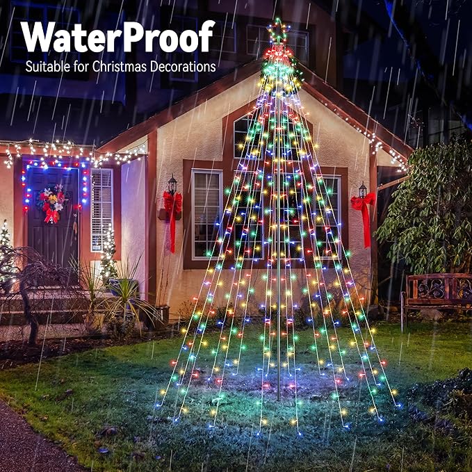 Lomotech Christmas Tree Lights - 10Ft 404 LED with 7.08" Topper, Remote Controll Waterproof Iron Pole Waterfall Lights for Outdoor Christmas Decorations (Multicolor)
