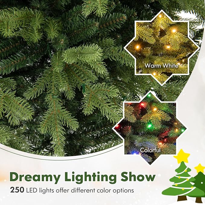 Happygrill 5 FT Pre-Lit Artificial Christmas Tree, Hinged Xmas Tree w/ 844 Branch Tips, 250 LED Lights, 11 Lighting Modes, 3 Auto Timers, 4-Level Brightness & Remote Control, Decoration Tree for Party
