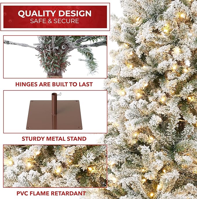 Casafield 6.5FT Pre-Lit Realistic Pencil Snow-Flocked Alpine Fir Artificial Holiday Christmas Tree with LED Lights and Metal Stand
