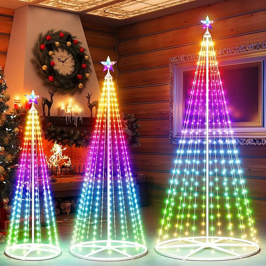 5FT+6FT+7.5FT Smart Cone Christmas Tree, Multicolor Prelit Outdoor Christmas Tree Lights, Music Sync, App & Remote Control, LED Light Show Tree for Indoor Outdoor Decorations