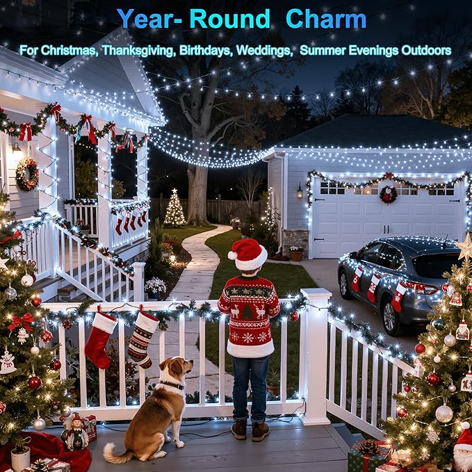 470FT 1500 LED Christmas Lights, 12 Modes Cool White Outdoor String Lights with Timer & Dimmable, Waterproof Green Wire Christmas String Lights for Indoor Xams Tree Patio Fence Party Decorations