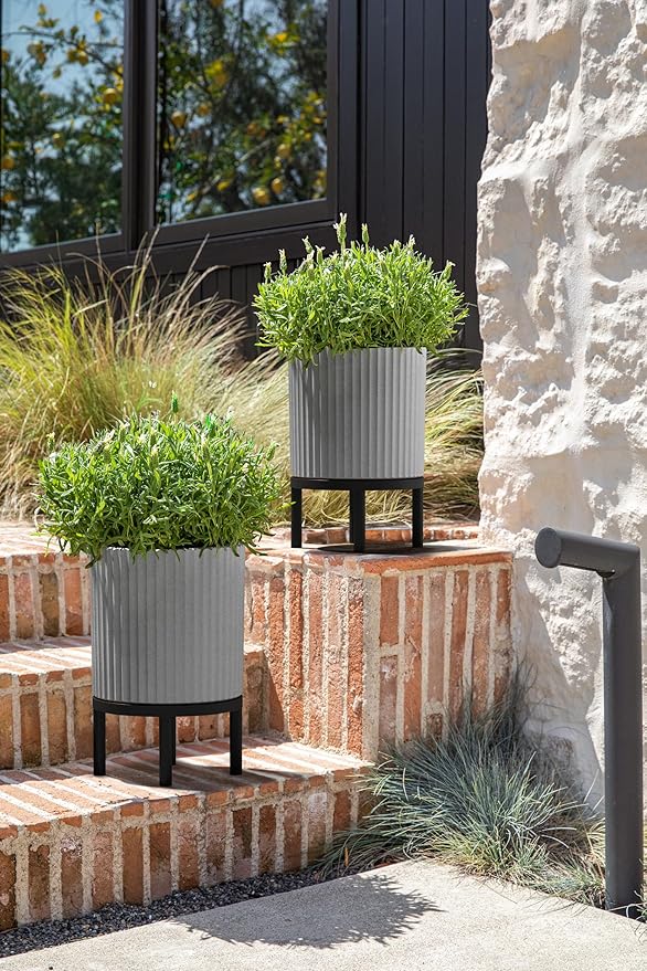 Veradek Demi Series Round Planter w/Stand for Porch/Patio | Durable Plastic-Stone Composite & Wooden Stand | Modern Décor for Tall Plants, Flowers