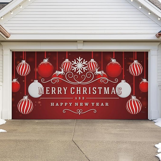 7' x 16' Timeless Red and White Ornaments Christmas Garage Door Banner - Designed to Move with Door | Elegant Holiday Double Garage Door Decoration