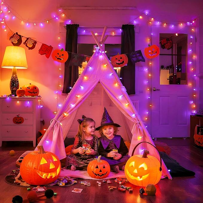 JMEXSUSS 600 LED Halloween String Lights Outdoor, Orange and Purple Halloween Lights Clear Wire, Twinkle String Lights Plug in for Tree Christmas Decorations