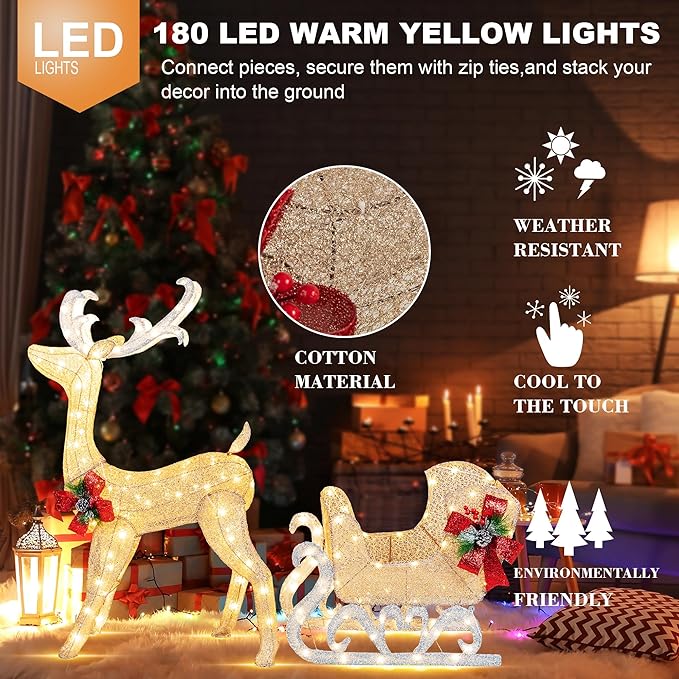 Vongrasig 4FT Lighted Christmas Reindeer & Sleigh Outdoor Yard Decoration Set W/ 205 LED Lights & 8 Ground Stakes, Zip Ties, Artificial Xmas Lighted Holiday Decor for Indoor and Outdoor(Gold)