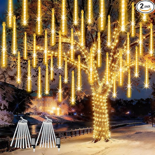 2-Pack Extendable Meteor Shower Christmas Lights Outdoor, 16 Tubes 384 LEDs Waterproof Falling Rain String Lights, Christmas String Lights Outdoor for Tree Patio Garden Holiday Decorations(Warm White)