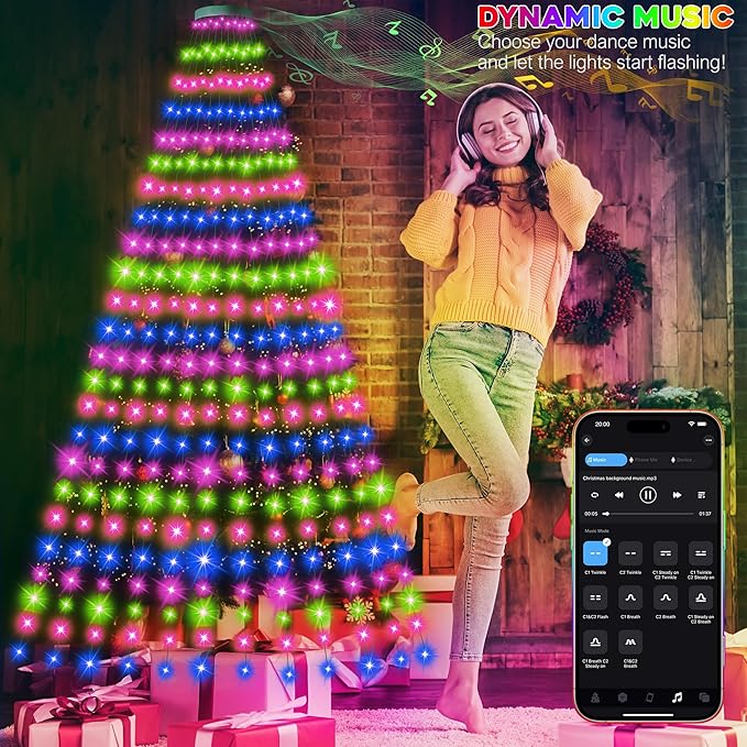 30+ Modes Ring Christmas Tree Lights Indoor Outdoor - 7.5Ft x 12 Lines 336 LED Easy App Control Color Changing Timer Remote Waterproof for 6 7 Ft Xmas Trees (Cool White to Multicolor)
