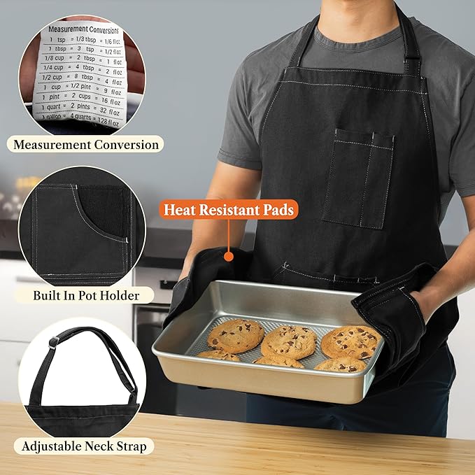 opux Chef Apron for Men, Kitchen Apron with Pockets for Women, Large Unisex Canvas Apron for Cooking Grilling BBQ Baking.