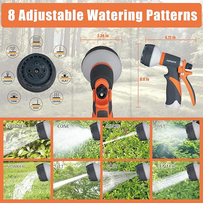 Garden Hose Nozzle Sprayer– this high heavy-duty spray nozzle offer 8 watering patterns for watering plants, lawns & gardens, washing cars, household cleaning and showering pets. (Grey Orange)