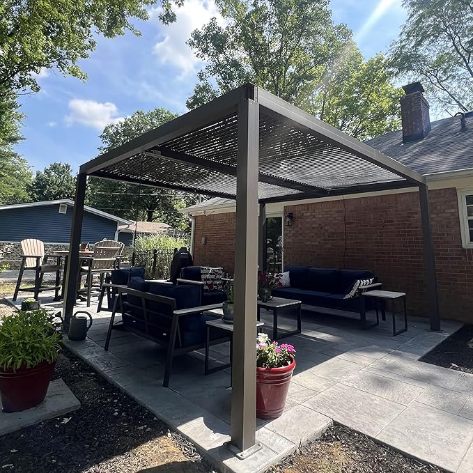 PURPLE LEAF Louvered Pergola 12' x 14' Outdoor Full Aluminum Pergola with Adjustable Rainproof Roof Modern Retractable Patio Hardtop Gazebo for Deck Backyard Garden Slate Grey