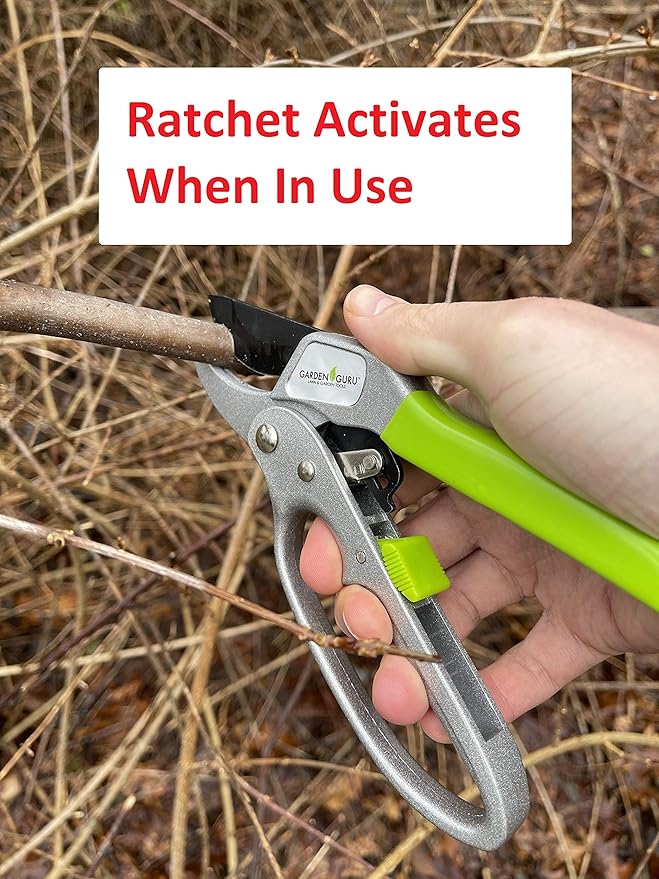 GARDEN GURU Professional Ratchet Pruning Shears Clippers – 4X Cutting Power – Ratcheting Garden Anvil Pruners Scissors - Ergonomic Grip - Makes Tough Cuts Easy - Great for Seniors & Arthritic Hands